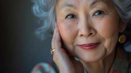 Obraz premium An elegant elderly woman with flawless skin touching her face, emphasizing her natural beauty