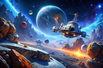 Asteroid Station Exploration in Space: Candid Photography of Futuristic Spacecraft and Cosmic Landscapes