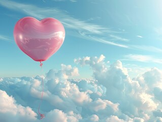 Fototapeta premium A pink heart-shaped balloon floats among soft clouds under a bright sky, evoking feelings of love and freedom.