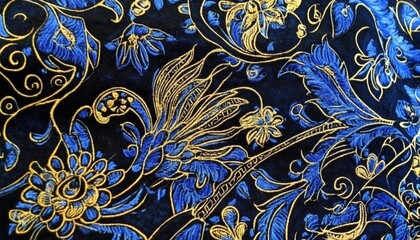 Elaborate Blue and Gold Batik Fabric Design Malaysia Batik 