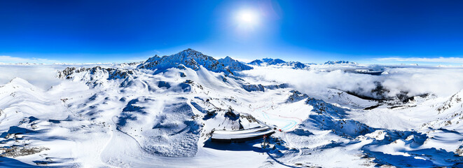 snow covered mountains in winter, panoramic, high, cloud, top, clouds, sun, France, Le Châble, La Tzoumaz, Mini 4 Pro, Drone