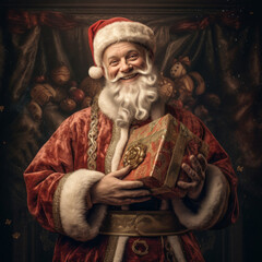Cheerful santa claus with a gift in his hands