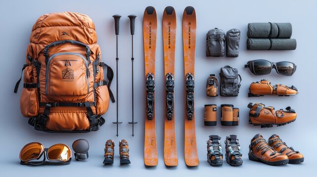 Ski gear arranged for winter sports adventure.