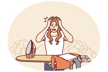 Housewife woman ironing clothes and clutching head in panic due to overload and fatigue. Housewife with iron stands near pile of clothes and needs assistant to take care of household