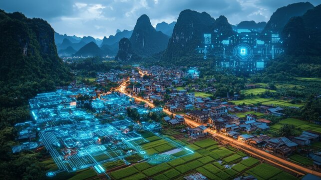 Holographic data over Bac Son's rice fields displays city management efficiancy
