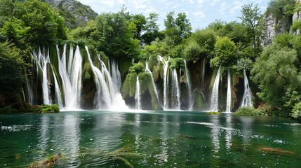 Obraz premium National Clear Waterfall Scenery - a majestic and refreshing visual. The national clear waterfall scenery presents a stunning and awe-inspiring natural scene, with the cascading waters creating a beau