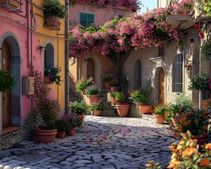 Fototapeta premium Charming Colorful Street with Flowers and Plants