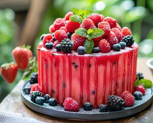 A vibrant, berry-topped cake adorned with fresh strawberries, raspberries, and blackberries, perfect for a summer celebration.