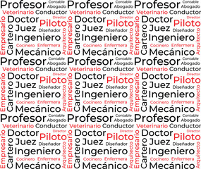 Plantilla de nube de palabras sobre profesiones en español. Fondo vectorial conceptual
