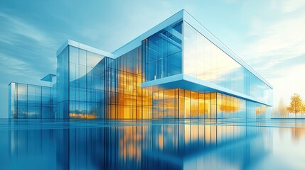 Fototapeta premium Modern glass building reflecting vibrant colors at sunset.