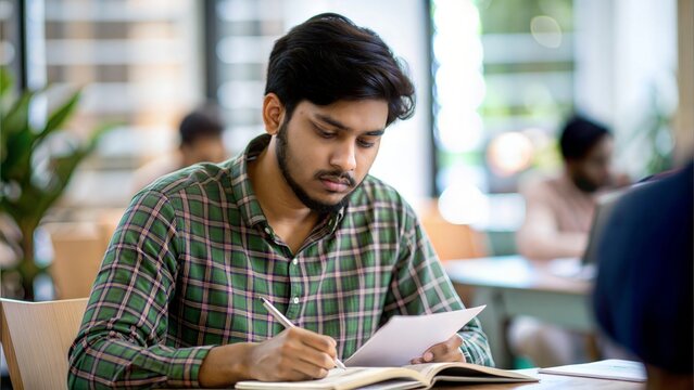 An Indian student studying with notes scattered around, in a softly blurred study area.
