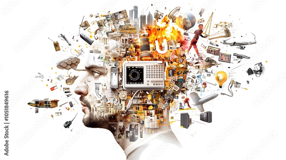 Poster man with a collage of objects exploding from his head.