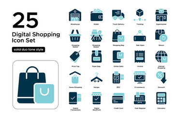 Digital Shopping Solid Duo Tone Icon Set: Virtual Malls, Transaction Ease, and Digital Payments Icons