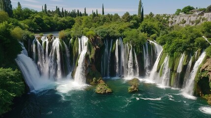 Fototapeta premium National Clear Waterfall Scenery - a majestic and refreshing visual. The national clear waterfall scenery presents a stunning and awe-inspiring natural scene, with the cascading waters creating a beau