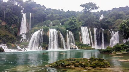 National Clear Waterfall Scenery - a majestic and refreshing visual. The national clear waterfall scenery presents a stunning and awe-inspiring natural scene, with the cascading waters creating a beau