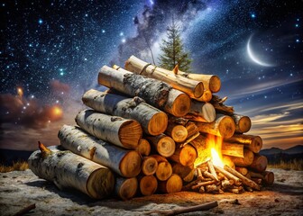 Birch Firewood Stacked in Night Photography - Cozy Winter Woodpile for Fireplace Use and Rustic Decor