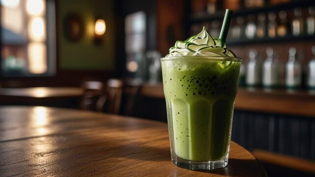 Iced matcha latte on a wooden table in the restaurant