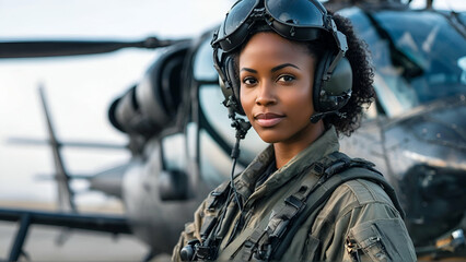 Female African American military helicopter pilot standing near her aircraft 