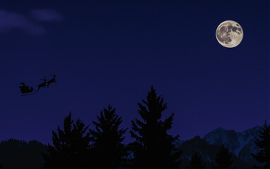 Fairytale story: Santa Claus's carriage pulled by reindeer carries Christmas presents at night against the backdrop of a full moon over a fairytale landscape.
