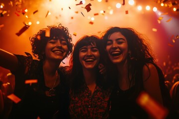 Three women celebrating joyfully with confetti during a lively party at night in a vibrant atmosphere