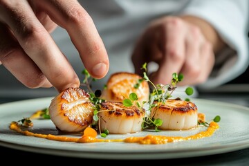 A chef delicately plating a fine-dining dish of seared scallops, garnished with microgreens and a citrus glaze. The artistic presentation highlights the fusion of flavors and modern culinary elegance.
