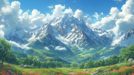Fototapeta premium A Majestic Mountain Range Surrounded by Lush Green Valleys and Vibrant Wildflowers Under a Sunny Sky with Puffy Clouds