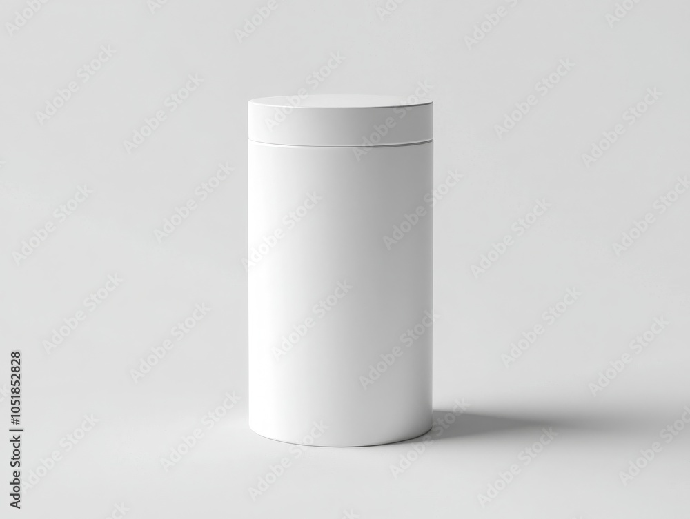 Poster a minimalistic white cylindrical container with a rounded lid, set against a plain background, empha