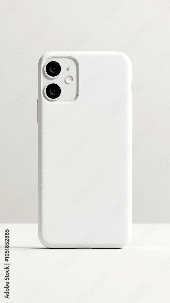 Poster a plain white phone case displayed against a neutral background, showcasing its minimalistic design 