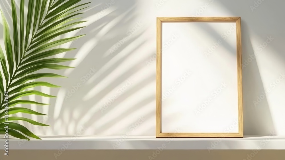 Poster a minimalist scene featuring a blank frame on a shelf next to a green palm leaf, with soft shadows c