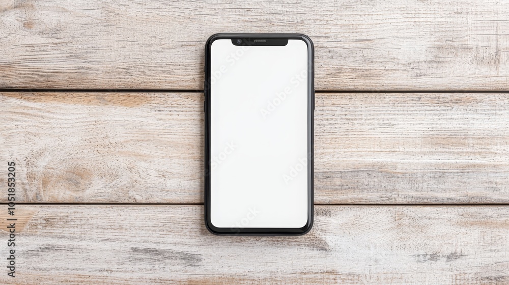 Poster a smartphone with a blank screen lies on a rustic wooden surface, creating a simple yet elegant aest
