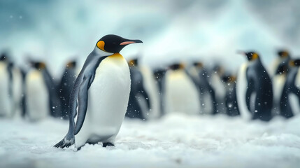 Fototapeta premium Group of king penguins coming back together from sea to beach with waves in the background