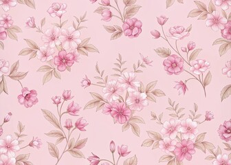 Seamless floral pattern featuring pink flowers and elegant leaves, perfect for vintage wallpaper or textile designs, capturing the essence of spring and summer in a decorative illustration