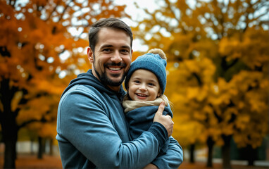 Fototapeta premium Family portrait, father with his child on a walk in the autumn park. Childhood.