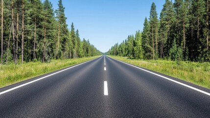 A long, straight highway stretches through a lush forest landscape under a clear blue sky.