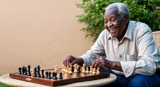 African elderly old man playing checkers outdoors delighted smile casual shirt and trousers solid beige background chubby build