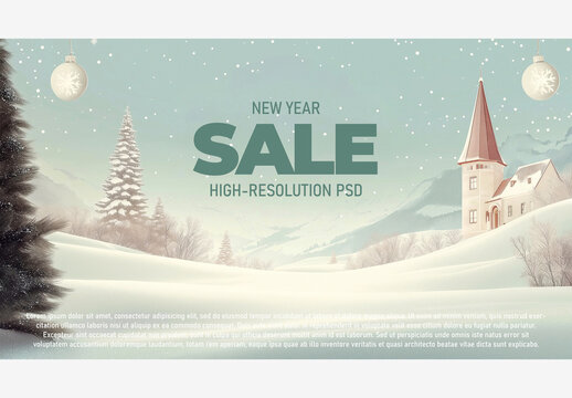 Holiday & Winter Templates: Church with Clock Tower, Christmas Tree, Snowy Hills & Evergreen Trees for a Merry Christmas & Happy New Year Holiday Template Generative AI