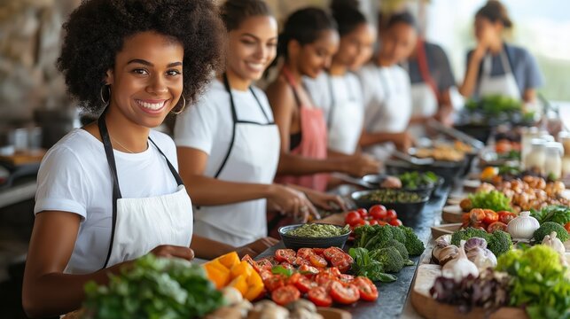 Group of women preparing fresh vegetables in cooking class, teamwork and healthy food for culinary skills, wellness or lifestyle. Vibrant ingredients, diverse participants and community in kitchen