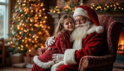 Smiling Girl Posing with Santa Claus by the Christmas Tree