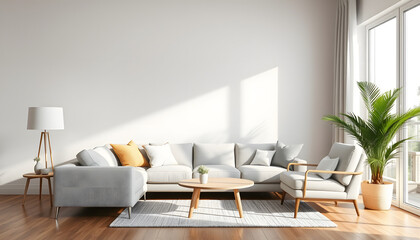 Obraz premium Interior of living room with sofa, armchair and palm tree isolated with white highlights, png