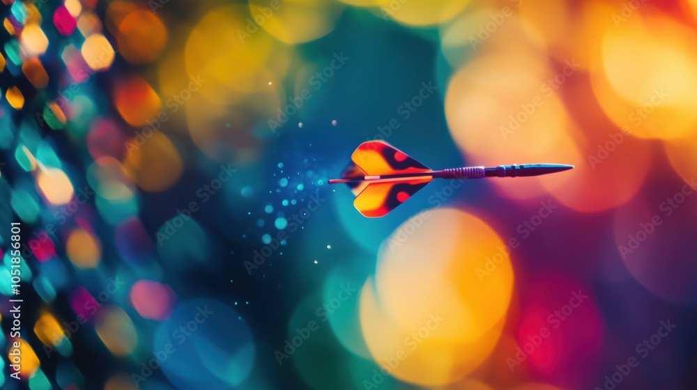 Poster dart flying through colorful bokeh background, vibrant hues, dynamic motion