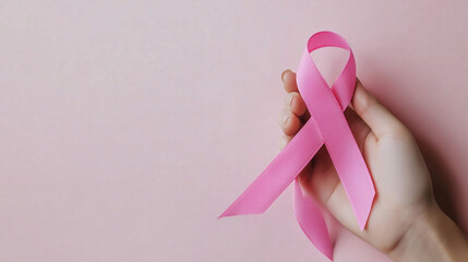 Hand holding pink cancer awareness ribbon with copy space, symbolizing support and hope