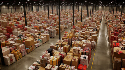Warehouse filled with holiday packages, representing the peak season in logistics and distribution