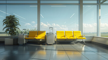 luggage waiting in a waiting room at an airport with blue sky