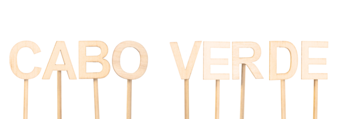 Decoration of hand-cut wooden letters spelling Cabo Verde. Cape Verde sign.