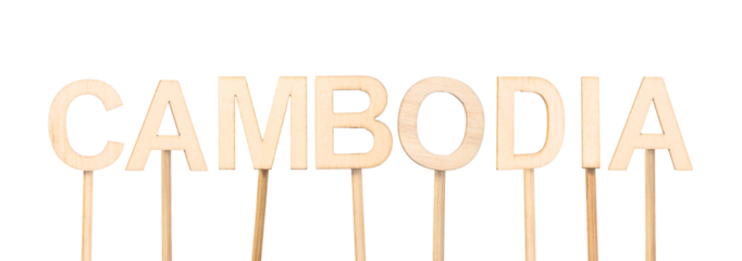 Cambodia country name in wooden letters fastened with sticks. Countries of the world.