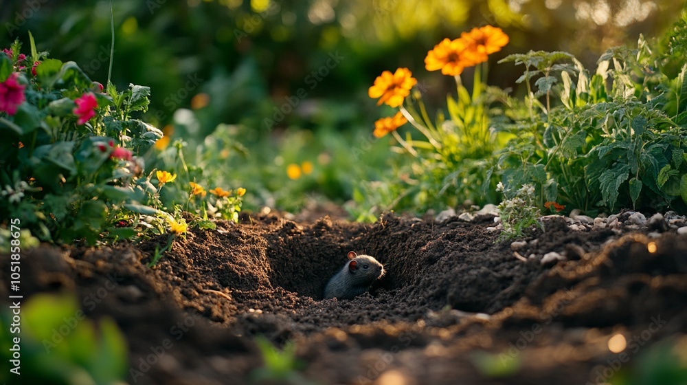 Wall mural curious mole peeks out from its burrow in a vibrant garden, surrounded by colorful marigolds and lus