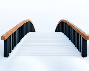 serene snowy bridge with wooden arch and black railings, inviting peaceful winter stroll. soft snow creates tranquil atmosphere, perfect for holiday reflections