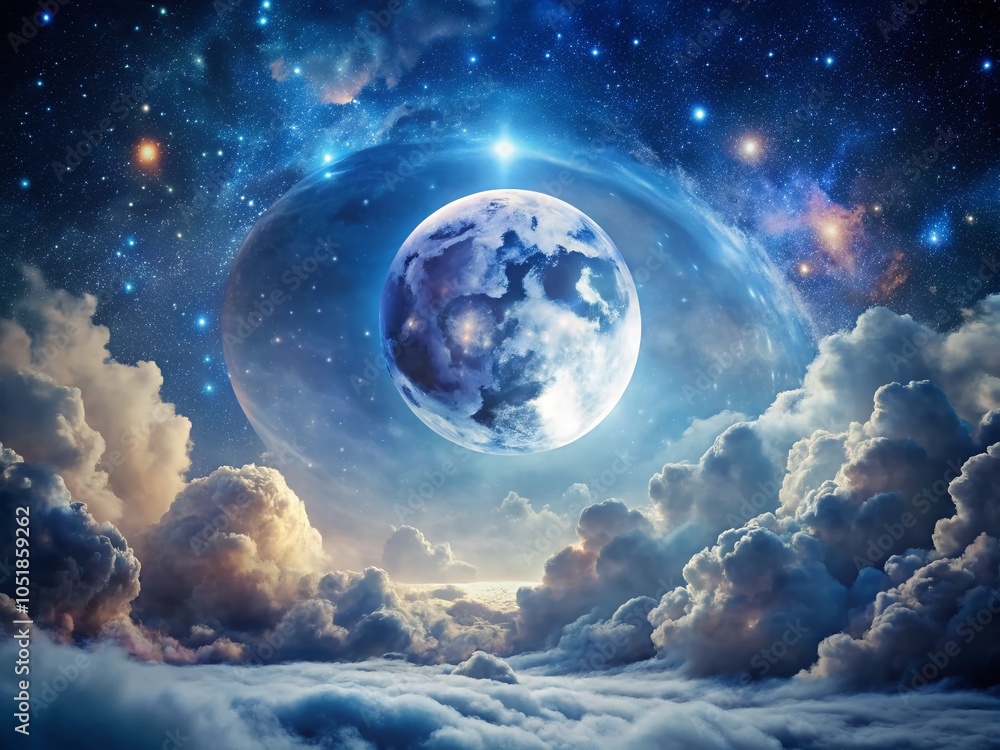 Poster Captivating Moonlit Clouds in a Cosmic Sphere - Ethereal Space Scene for Generative AI Art