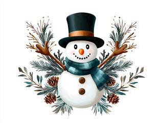 cheerful snowman wearing top hat and scarf stands amidst festive pine branches and pine cones, embodying spirit of winter and holiday joy