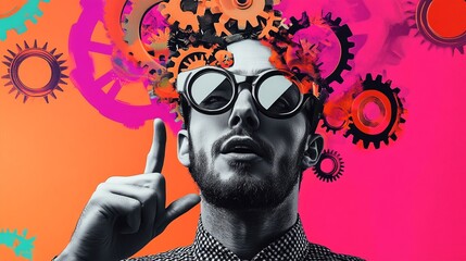 Surreal portrait of a bearded man with sunglasses and gears for hair, pointing upward against a vibrant background of cogs and colorful shapes.
